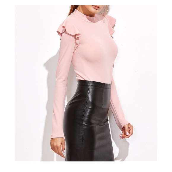 Blush Pink Mock Neck Long Sleeve Ruffle Bodysuit - Picture 2 of 7